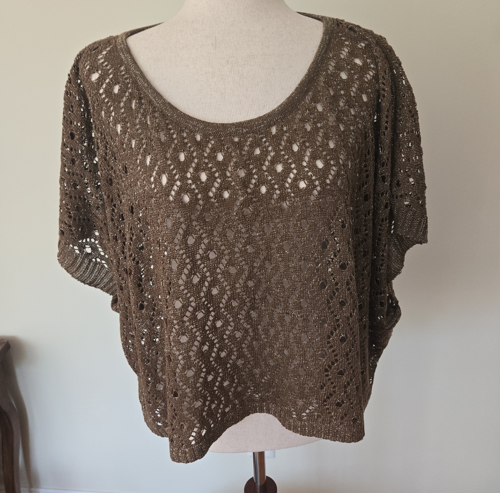 Open Knit Short Sleeve Sweater Top - Brown